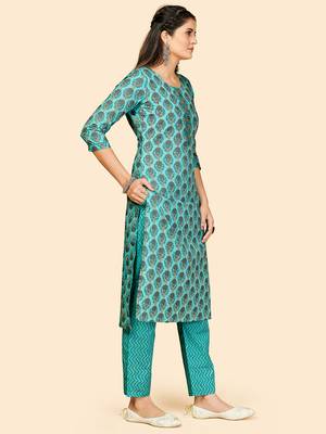 Printed & Hand Work Straight Cotton Turquoise Stitched Kurta With Pant 5