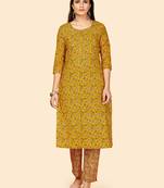 Floral Print Straight Cotton Yellow Stitched Kurta With Pant