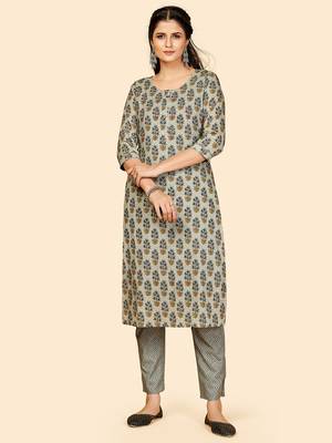 Printed & Hand Work Straight Cotton Grey Stitched Kurta With Pant 1