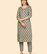 Printed & Hand Work Straight Cotton Grey Stitched Kurta With Pant