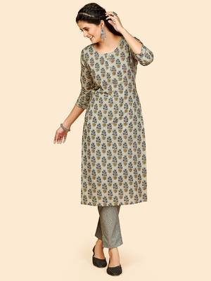 Printed & Hand Work Straight Cotton Grey Stitched Kurta With Pant 2