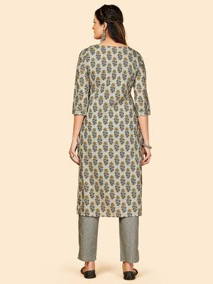 Printed & Hand Work Straight Cotton Grey Stitched Kurta With Pant 3
