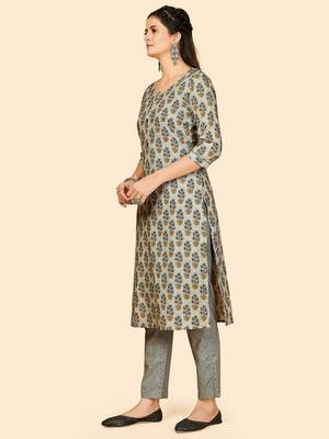 Printed & Hand Work Straight Cotton Grey Stitched Kurta With Pant 4