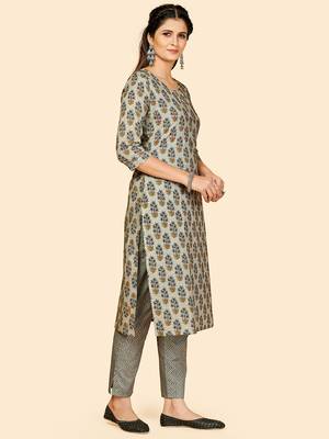 Printed & Hand Work Straight Cotton Grey Stitched Kurta With Pant 5