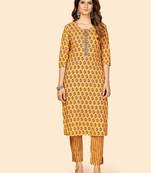Printed & Sequience Work Straight Cotton Yellow Stitched Kurta With Pant