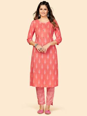 Printed & Sequience Work Straight Cotton Coral Stitched Kurta With Pant 1
