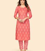 Printed & Sequience Work Straight Cotton Coral Stitched Kurta With Pant