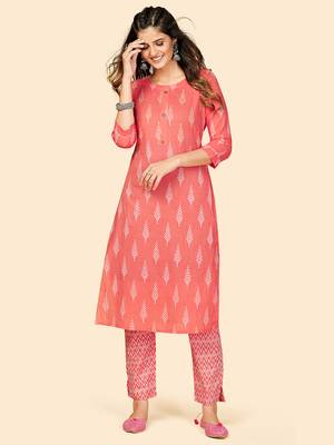 Printed & Sequience Work Straight Cotton Coral Stitched Kurta With Pant 2