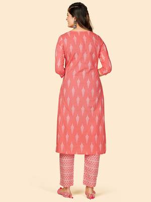 Printed & Sequience Work Straight Cotton Coral Stitched Kurta With Pant 3