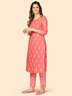 Printed & Sequience Work Straight Cotton Coral Stitched Kurta With Pant 4