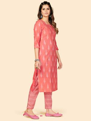 Printed & Sequience Work Straight Cotton Coral Stitched Kurta With Pant 5