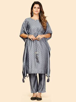 Printed  Muslin Grey Stitched Kaftan Kurta With Pant Set 1