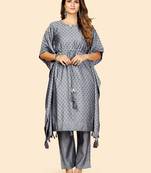 Printed  Muslin Grey Stitched Kaftan Kurta With Pant Set