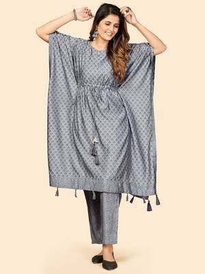 Printed  Muslin Grey Stitched Kaftan Kurta With Pant Set 2