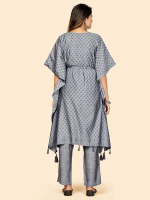 Printed  Muslin Grey Stitched Kaftan Kurta With Pant Set 3