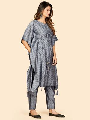 Printed  Muslin Grey Stitched Kaftan Kurta With Pant Set 4