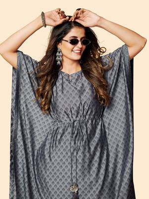 Printed  Muslin Grey Stitched Kaftan Kurta With Pant Set 5