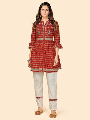 Printed & Beads Work Flared Cotton Red Stitched Top With Pant 1