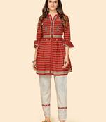 Printed & Beads Work Flared Cotton Red Stitched Top With Pant