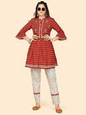 Printed & Beads Work Flared Cotton Red Stitched Top With Pant 2