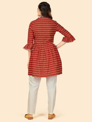 Printed & Beads Work Flared Cotton Red Stitched Top With Pant 3