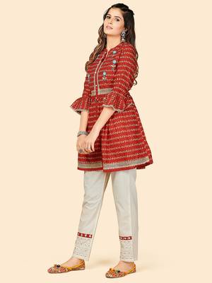 Printed & Beads Work Flared Cotton Red Stitched Top With Pant 4