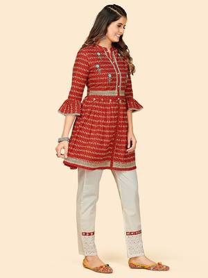 Printed & Beads Work Flared Cotton Red Stitched Top With Pant 5