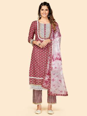 Printed & Lace Work Straight Cotton Magenta Stitched Kurta Pant With Dupatta 1