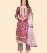 Printed & Lace Work Straight Cotton Magenta Stitched Kurta Pant With Dupatta