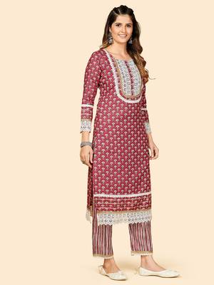 Printed & Lace Work Straight Cotton Magenta Stitched Kurta Pant With Dupatta 5