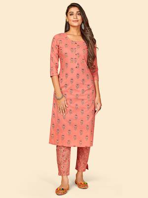 Printed & Hand Work Straight Cotton Peach Stitched Kurta With Pant 1