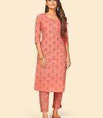 Printed & Hand Work Straight Cotton Peach Stitched Kurta With Pant