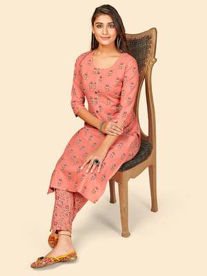 Printed & Hand Work Straight Cotton Peach Stitched Kurta With Pant 2