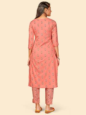 Printed & Hand Work Straight Cotton Peach Stitched Kurta With Pant 3