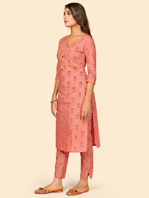 Printed & Hand Work Straight Cotton Peach Stitched Kurta With Pant 4