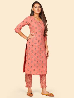 Printed & Hand Work Straight Cotton Peach Stitched Kurta With Pant 5