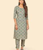 Printed & Sequence Straight Cotton Grey Stitched Kurta with Pant