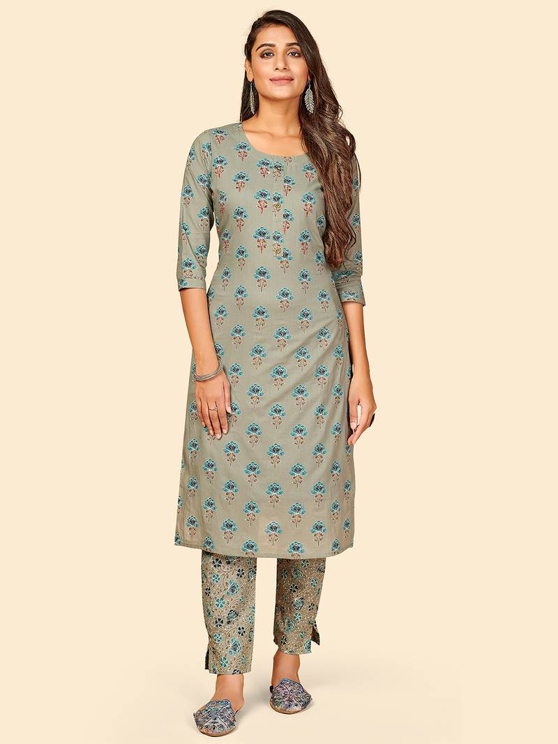 Printed & Sequence Straight Cotton Grey Stitched Kurta with Pant