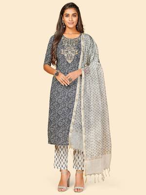 Printed & Embroidered Straight Cotton Blue Stitched Kurta Pant With Dupatta 1