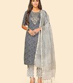Printed & Embroidered Straight Cotton Blue Stitched Kurta Pant With Dupatta