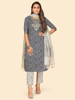 Printed & Embroidered Straight Cotton Blue Stitched Kurta Pant With Dupatta 2