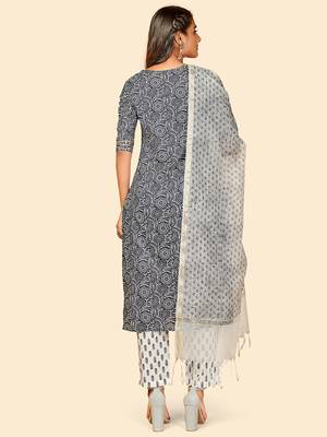 Printed & Embroidered Straight Cotton Blue Stitched Kurta Pant With Dupatta 3