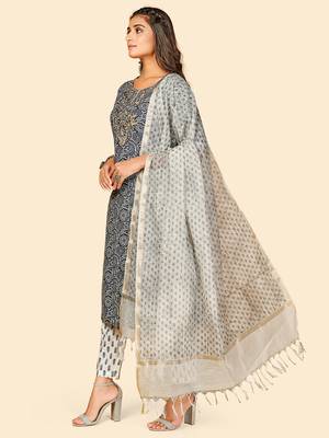 Printed & Embroidered Straight Cotton Blue Stitched Kurta Pant With Dupatta 4