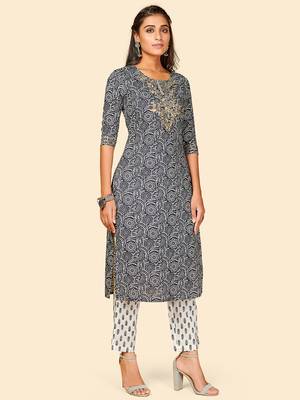 Printed & Embroidered Straight Cotton Blue Stitched Kurta Pant With Dupatta 5