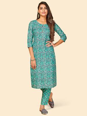 Printed Straight Cotton Turquoise Stitched Kurta with Pant 1