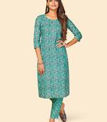 Printed Straight Cotton Turquoise Stitched Kurta with Pant