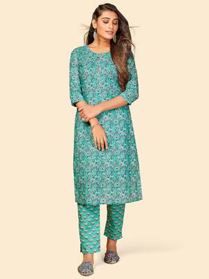 Printed Straight Cotton Turquoise Stitched Kurta with Pant 2