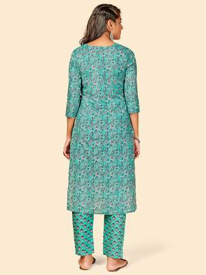 Printed Straight Cotton Turquoise Stitched Kurta with Pant 3