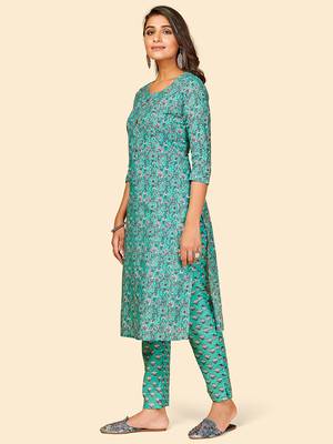 Printed Straight Cotton Turquoise Stitched Kurta with Pant 4