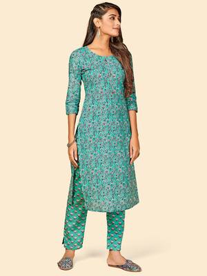 Printed Straight Cotton Turquoise Stitched Kurta with Pant 5